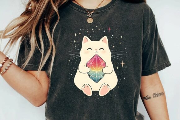 Download Kawaii Celestial White Cat Holding Magic Rainbow Crystal Gemstone Png - White Collection